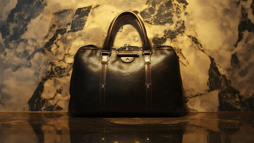 Midnight leather duffel glows against molten marble wall.