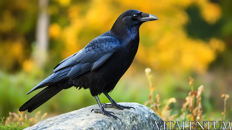 Majestic black raven perched on stone in vibrant autumn setting.
