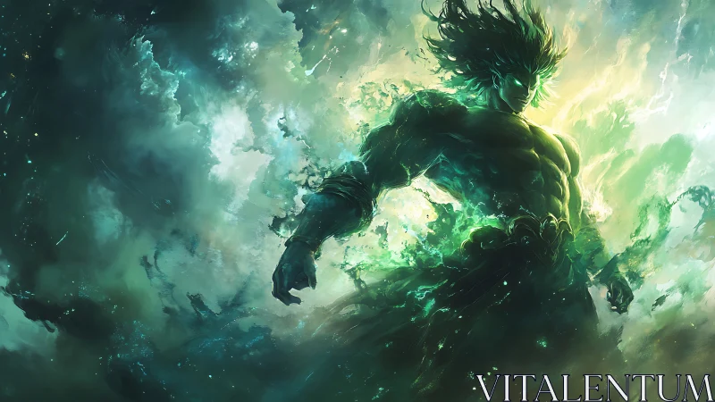Mythic emerald titan emerging from stormlit astral nebula