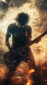 Silhouetted bassist performing amid dense light and sparks.