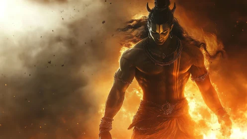 Mythic warrior strides through blazing fire and swirling smoke