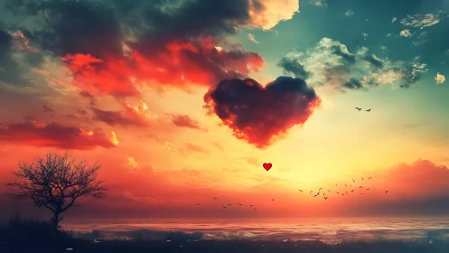 Heart-shaped cloud in vivid sunset sky.