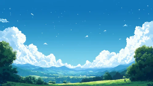 Digital landscape shows distant mountains under cloud bank