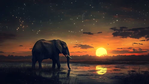 Digital painting of elephant at luminous wetland sunset horizon.