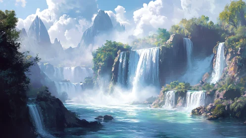 Cascading skyfalls in a misty emerald mountain sanctuary.