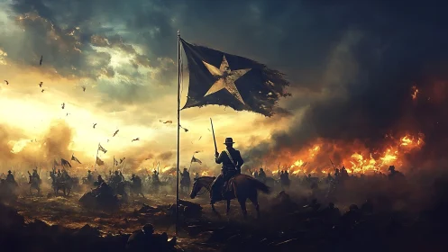 Equestrian war commander advances beneath tattered star banner