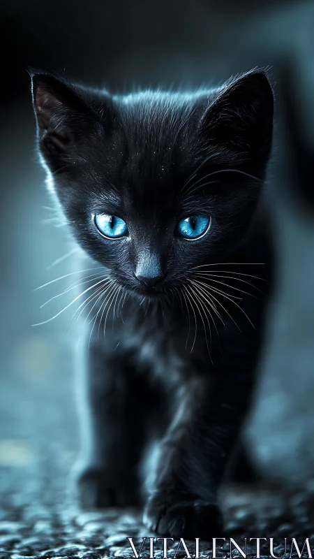 Luminous Shadow: A Black Cat with Electric Blue Eyes.