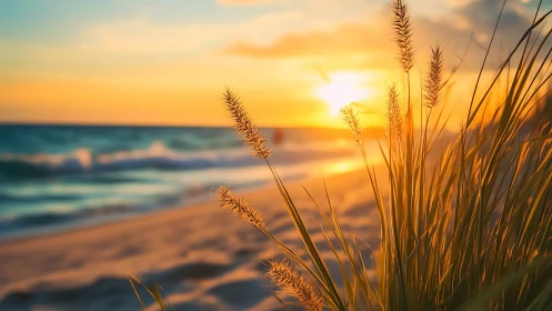 Sunlit beach grass glows warmly against a tranquil sunset sky.