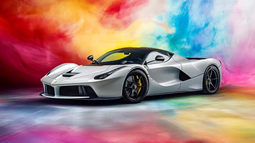 White hypercar slices through radiant multicolor smoke field.