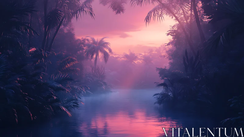 Neon dusk over misty tropical river and dense jungle.