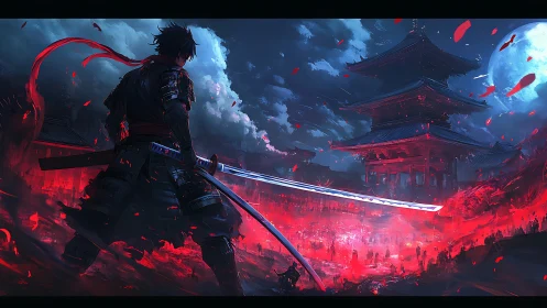 Armored swordsman overlooks burning pagoda under saturated lunar backlight