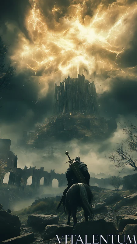 Lone rider approaches a storm-lit citadel shrouded in ruin