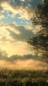 Sunlit meadow with morning mist under glowing clouds.