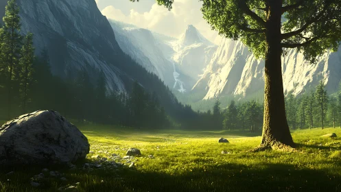 Sunlit alpine valley with foreground oak and granite boulders.