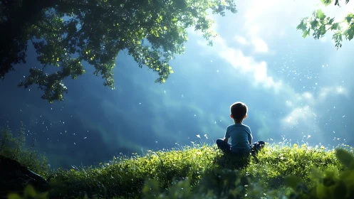 Young boy sitting on sunlit grassy hill, dreamy nature scene.