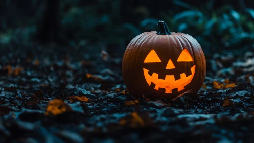 Glowing jack o lantern illuminates damp autumn forest floor.