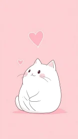Plump White Cat with Floating Hearts on Pink Background