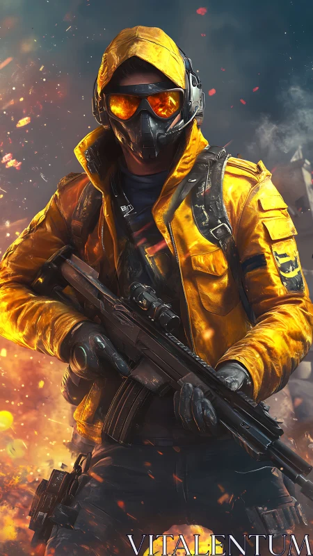 Hooded tactical soldier in yellow jacket amid firestorm.