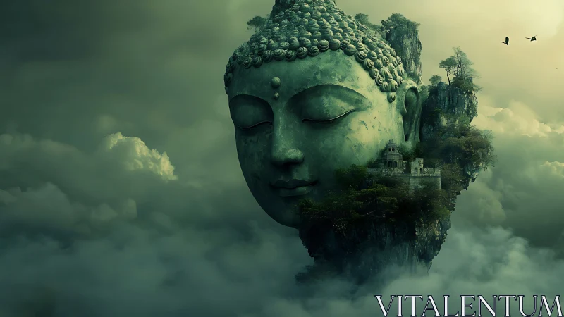Surreal Buddha monolith with temple citadel in mist-laden clouds.