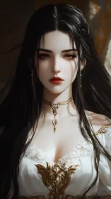 Regal dark haired lady gazes softly in golden finery