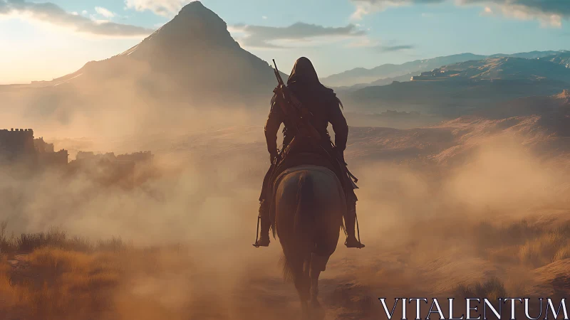 Lone rider carves a dusty path toward the sunlit mountain