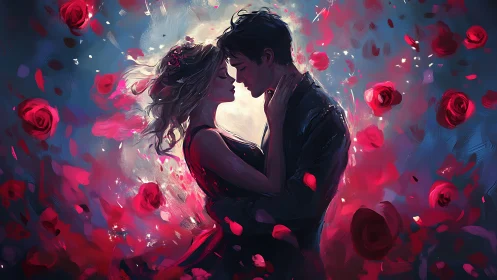 Intimate couple portrait amid swirling red roses.