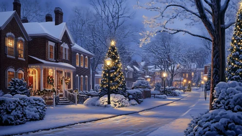 Snowy suburban street with glowing Christmas lights at dusk.