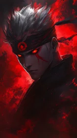 Silent ember-eyed warrior wrapped in stormy crimson fire.