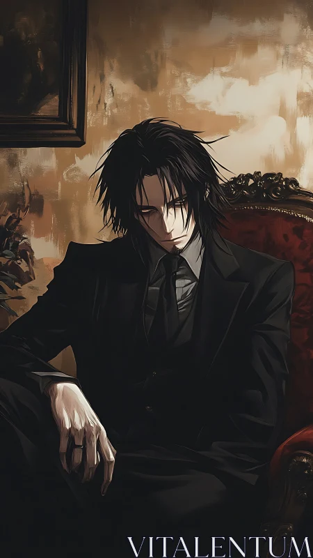 Moody anime portrait of suited man on baroque armchair.