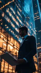 Business professional with laptop stands before illuminated urban towers at twilight.