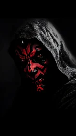 Hooded red‑black masked figure glares from deep shadows.