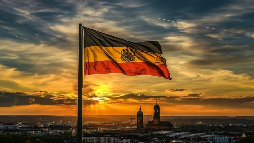 Historic tricolor flag over city skyline at golden sunset.