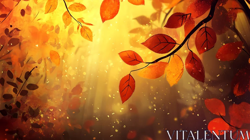 Autumn leaves hang over glowing golden forest background