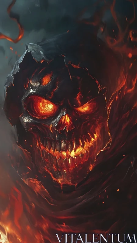 Infernal skull wreathed in molten fire and shadowed smoke.