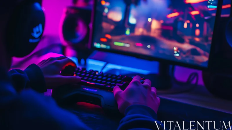 Gamer at RGB-lit desktop playing action game at night.