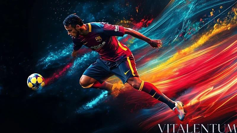 Soccer player in motion with abstract color streaks background.