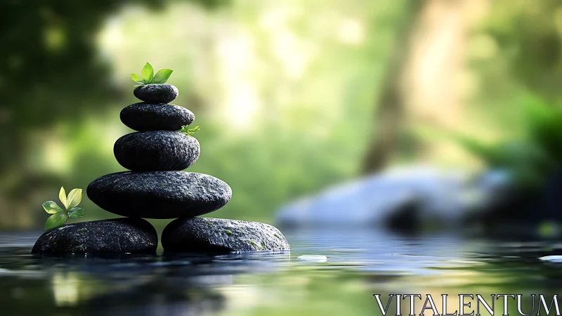 Balanced river stones with green leaves in tranquil natural setting.