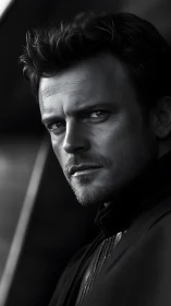 Monochrome male portrait with cinematic chiaroscuro lighting.