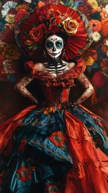 Midnight calavera queen crowned in molten marigolds.