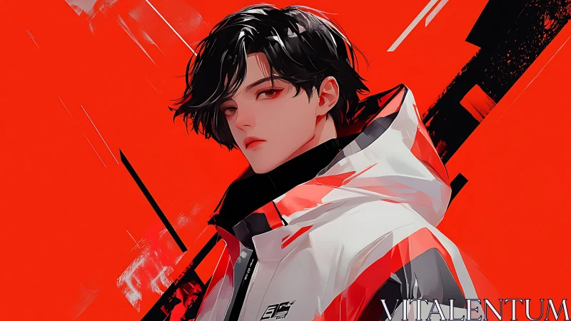 Stoic youth in white tech jacket against vivid red field