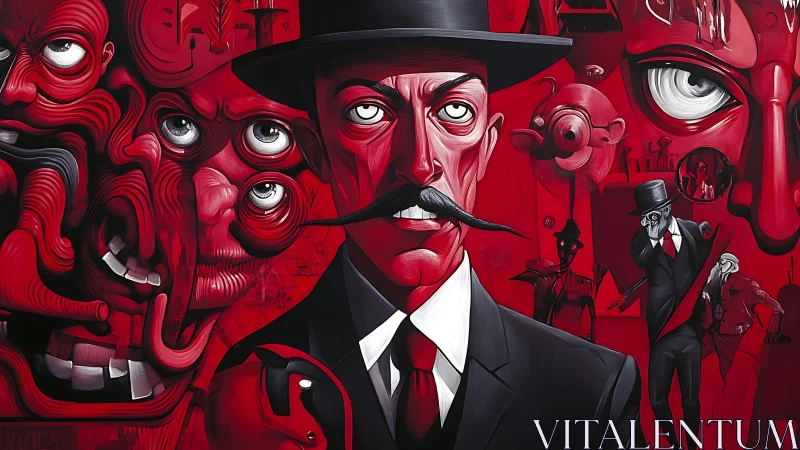 Red-toned surreal portrait of suited man with mustache.