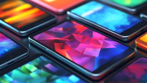 Array of Modern Smartphones with Vibrant Abstract Screens, Digital Art.