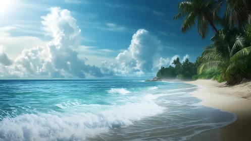 Tropical shoreline glows beneath towering summer clouds.