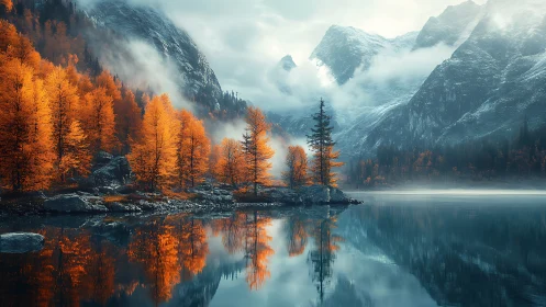 Autumnal alpine lake reflection with misted granite massifs.