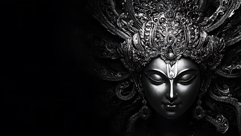 Divine metallic goddess portrait glows from deep shadow