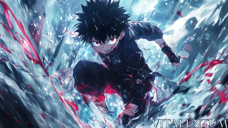 Intense anime fighter smashing through icy shards in motion.