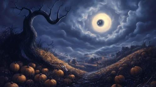Twisted tree overlooks pumpkin fields under eerie glowing moon