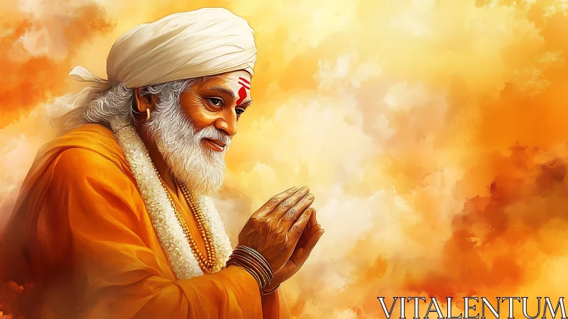 Elderly spiritual man in orange robe against glowing sky.