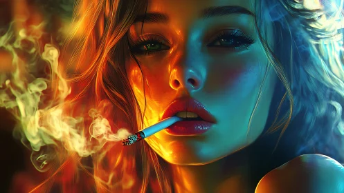 Digital portrait shows woman smoking with vivid neon smoke