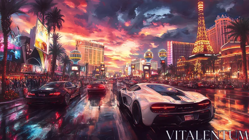 High-gloss supercars traverse neon-lit Las Vegas strip at sunset